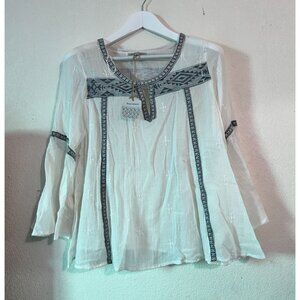 World Market Women Embroidered Long Sleeve Boho Peasant Tunic Top L/XL White New